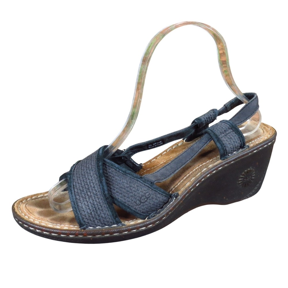 UGG Mayley Women Slingback Wedge Sandals‎ Size 8 Casual Summer Navy Blue Textile